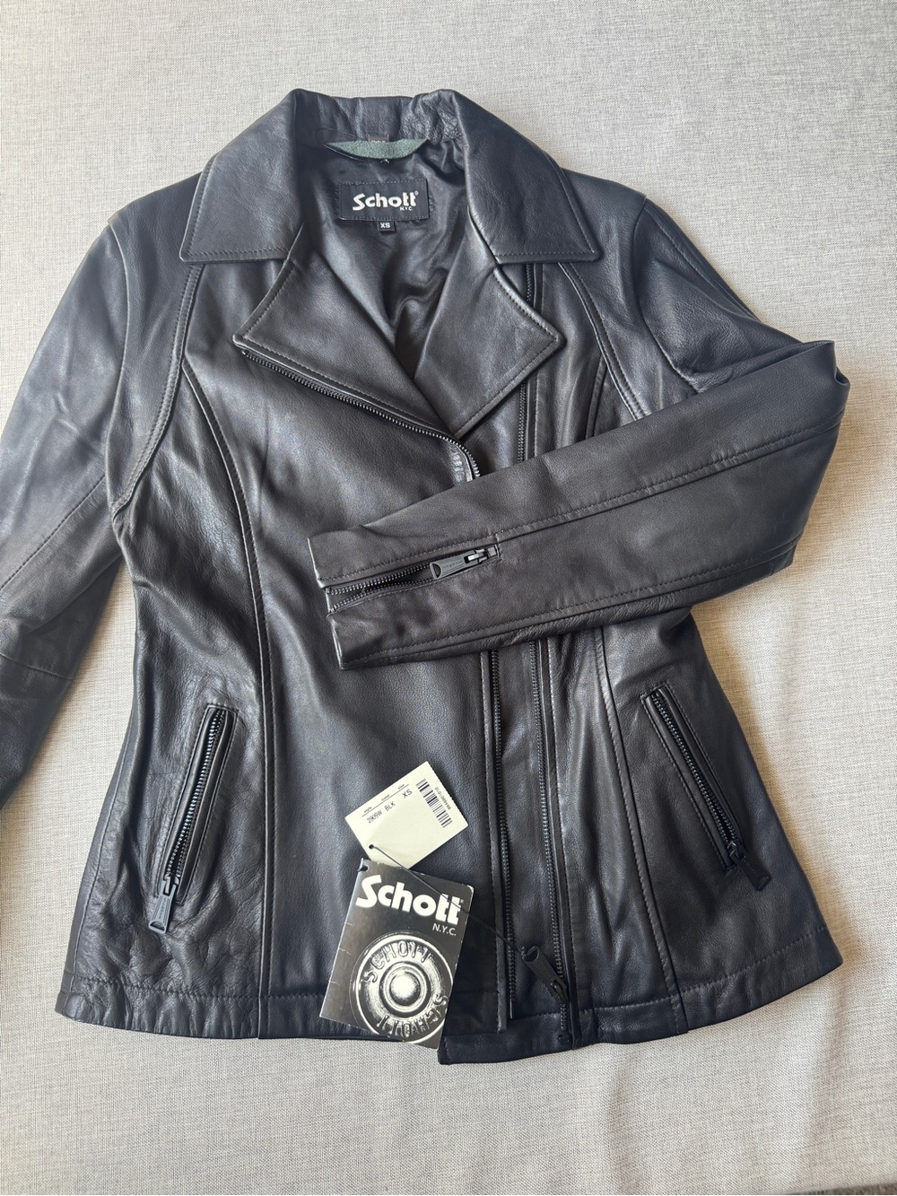 NEW Schott NYC Long Black Lambskin Moto Women Leather Jacket $495 Value